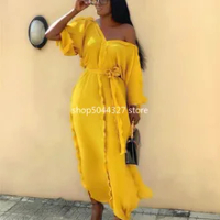 Baru Gaun Afrika untuk Wanita Dashiki Falbala Gaun Afrika Pakaian Bazin Riche Seksi Pleat V-Leher Panjang Afrika Maxi Dress Wanita