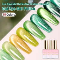 Vendeeni 10 Colors Ice Emerald Glitter Broken Diamond Cat Eye Nail Gel Polish Green Magnetic UV LED Soak Off Gel Varnish Lacquer