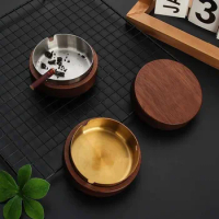 Stainless Steel Ashtray Home Office Ashtray with Lid Anti Fly Ash Creative Nordic Solid Wood Golden Circular Cigarette Cup