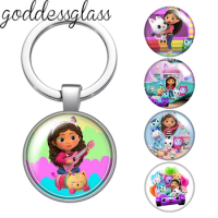 Disney Cartoon gabby dollhouse Girl cat Photo glass cabochon keychain Bag Car key chain Ring Holder Charms keychains gift
