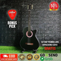 Gitar Akustik Pemula Custom Warna HITAM Murah Banyak Bonus Body Kayu Sungkay Single Round Body Neck 