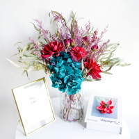 藍色繡球紅荷花 經典復古流行干花束 客廳桌面裝飾干花玻璃花瓶花