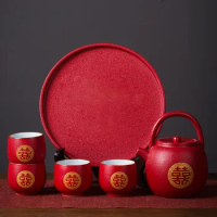 Boutique Red Ceramic Tea Pot and Cup Set Chinese Wedding Tea Set Handmade Exquisite Teaware Supplies Household Teacup Drinkware