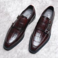 Loafers New Style Shoes For Men's Burgundy Black Comfortable Crocodile Prints Casual Monk Strap Social Business Men Oxford Shoes