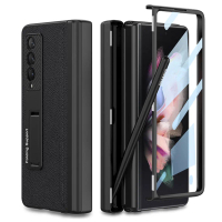 Vỏ bản lề từ tính cho Samsung Galaxy Z Fold 3, hộp bút, giá đỡ da sang trọng, màn hình trước, nắp kí