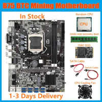 HOT-B75 BTC Mining Motherboard+CPU+Fan+DDR3 4GB 1600Mhz RAM+128G SSD+SATA Cable+Switch Cable LGA1155 8XPCIE to USB Board