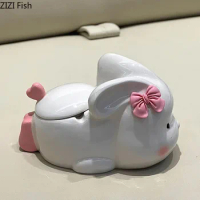 Cute Pink Rabbit Ceramic Ashtray with Lid Desk Decoration Smoking Accessories Creative Cartoon Rabbit Portable Windproof Ashtray