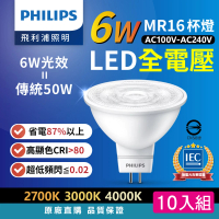 Philips 飛利浦 6W 全電壓MR16 LED杯燈 10入組(自然光/黃光/燈泡色 光束角36度 燈座GU5.3 投射燈)