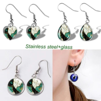 Green Abstract Art Drop Round Heart Ear Hook Stainless Steel Glass Earrings Girl Gift Free Shipping Z3060
