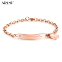 AENINE Trendy Titanium Stainless Steel Love Tag Bracelets Bangles Rose Gold Color Female Chain &amp; Link Bracelets Jewelry AB18198