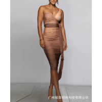 Wepbel Sexy Pleated Bodycon Dress Women Gradient Color Mid-Length Dress Fold Ombre Sleeveless Tied Detail Ruched Bodycon Dress