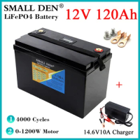 12V 120Ah Lifepo4 battery pack 1200W motor built-in BMS For 12.8V E-Boat UPS Car starter Inverter Solar Light+14.6V 10A charger