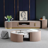 Contemporary Nordic Wood and Gold Stainless Steel Living Room Furniture Set with Marble Top Coffee Table and TV Stand