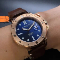 Giorgio Fedon 1919喬治飛飛46mm圓形玫瑰金精鋼錶殼寶藍色錶盤真皮皮革咖啡色錶帶款GF00007