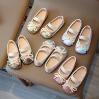 Girl's Flat Shoes Sequins Bowknot Elastic Band Four Seasons Children Princess Shoe Square Toe 21-35 Six Colors Lovely Kids Shoe