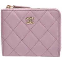 【CHANEL 香奈兒】經典雙C LOGO菱格粒紋牛皮L型拉鍊短夾(粉紅色AP3999C-PINK-GP)