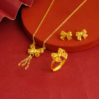 45CM Hollow Bow Pendant Necklace Earring Ring for Women Jewelry Pure 999 Gold Romantic Jewelry Set Fine Wedding Gifts
