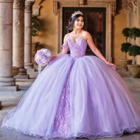 One Shoulder Purple Ball Gown Quinceanera Dresses 2023 Beading Flower Sweep Train Girls Sweet 15 16 Birthday Party Miss Pageant