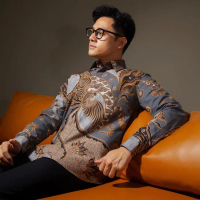 Enzy Batik Kemeja Batik Pria Ranawijaya - Grey - S, Tanpa Tricot