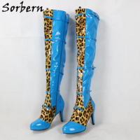 Sorbern Blue Leopard Kinky Boots Women Mid Thigh High Drag Queen Unisex High Heel Platform Shoes Custom Large Size EU48