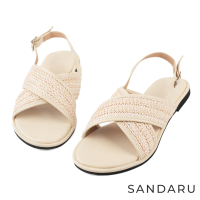 【SANDARU 山打努】涼鞋 滾邊草編寬版交叉平底鞋(杏)