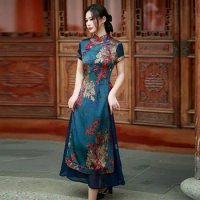 2024 autumn new vietnam aodai chinese styles women floral printing vintage long dress qipao chinese elegant cheongsam dress a90