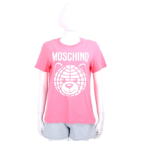 MOSCHINO 地球花紋泰迪熊印花粉色純棉短袖TEE T恤