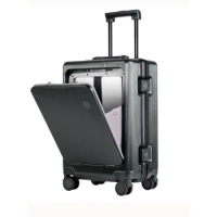 KLQDZMS Travel Luggage Bag Front Opening Aluminum Frame Boarding Case Laptop Trolley Case 20"22"24 Inch Rolling Suitcase