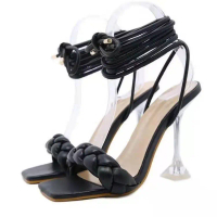 Women'S Summer Sandals Ultra High Heels Thin Heel Square Toe Braided Ankle Strap Large Size Women'S 