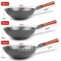 Pan Wok,Traditional Chinese Iron Wok Without Chemicals,Hand Hammered Scratch Resistant Pan Cookware Kitchen With Wood Handle De