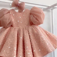 Childen's Puffy Flower Girl Dresses Glitter Sequins Tulle Evening Party Fluffy Tutu Gown Communion Kid Birthday Dress