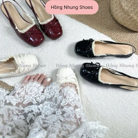 Giày cao gót mũi vuông da bóng phối viền ren, giày búp bê pha ren 5phân