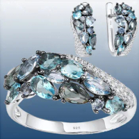 Luxury Designer Aquamarine Crystal Jewelry Set Wedding Engagement Ring Earrings Set Valentines Day Gift Jewelry Joyas Para Damas