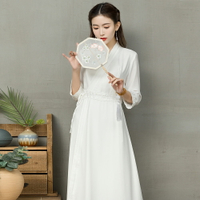新款中國風白色收腰茶服漢服改良禪服仙氣古風連衣裙女裝
