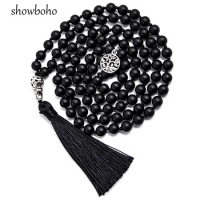 8mm Matte Black Agate Beads Knotted 108 Mala Necklace Meditation Yoga Declaration Tibetan Tassel Tree of Life Pendant Jewelry