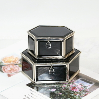 電鍍工藝黑鏡六邊形首飾盒翻蓋古典珠寶盒飾物收納盒玻璃花器擺件