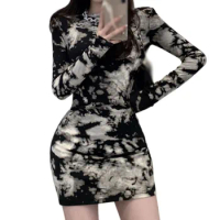 Women's Summer Sexy Tie-dyed Dress O-Neck Slim Fit Spring Long Sleeve Bodycon Mini Dresses