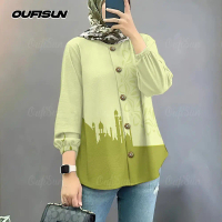 เสื้อครอบครัวผู้หญิง, Baju Raya, ลายมัสยิด, เสื้อสตรี, คอกลมพัฟ, แขนยาว, เหมาะสำหรับผู้หญิง, 2025 มา
