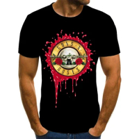2023 Summer New Fashion Punk T Shirt Guns N Roses T-Shirt Men Black Heavy Metal Tops 3D Gun Rose Print Hip Hop Tees XXS-6XL