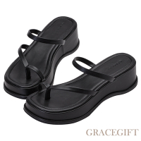 【Grace Gift】 一字細帶鬆糕厚底夾腳拖鞋 黑