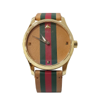 GUCCI 古馳 529694 經典G-Timeless雙色牛皮錶帶指針式石英手錶(棕色-38mm)