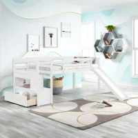 Multiple Functional Bunk Bed,Modern &amp; Clean Design,Twin Low Loft Bed with Stairs and Slide,White