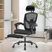 Height Adjustable Computer Chair Mesh Office Chair With Padded Armrests and Adjustable Headrest Dark Black (WY-9053-BK) Gaming