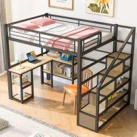 Full Size bed,Metal Loft bed with Staircase,Built-in Desk and Storage Shelves,Sturdy Metal bed,suit for Kids bedroom,Black
