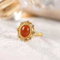 原創鍍S925銀鍍金鑲嵌仿南紅瑪瑙個性輕奢鋯石女士開口戒指指環