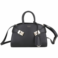 Salvatore Ferragamo HUG 馬蹄金釦帶牛皮手提/斜背托特包(XS/黑色)