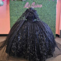 Mexican Black Off The Shoulder Ball Gown Quinceanera Dress 2024 Beaded Lace Appliques Birthday Gowns Sweet 16 Dress Lace-up