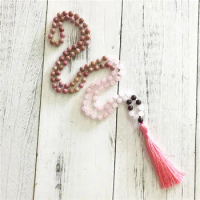 108 Mala Beads Necklace Rhodonite &amp; Garnet Necklace Hand Knotted Necklaces Taeesl Prayer Meditation Necklaces Mala