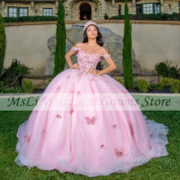 Pink Off The Shoulder Mexican Quinceanera Dress Appliques Butterfly Vestido De XV Anos 15 16 Birthday Party Prom Dress