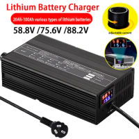 72V 21S Lithium Battery Charger 60V 48V10A Current Adjust High-power Metal Case with LCD Display Intelligent Fast Charging Ebike